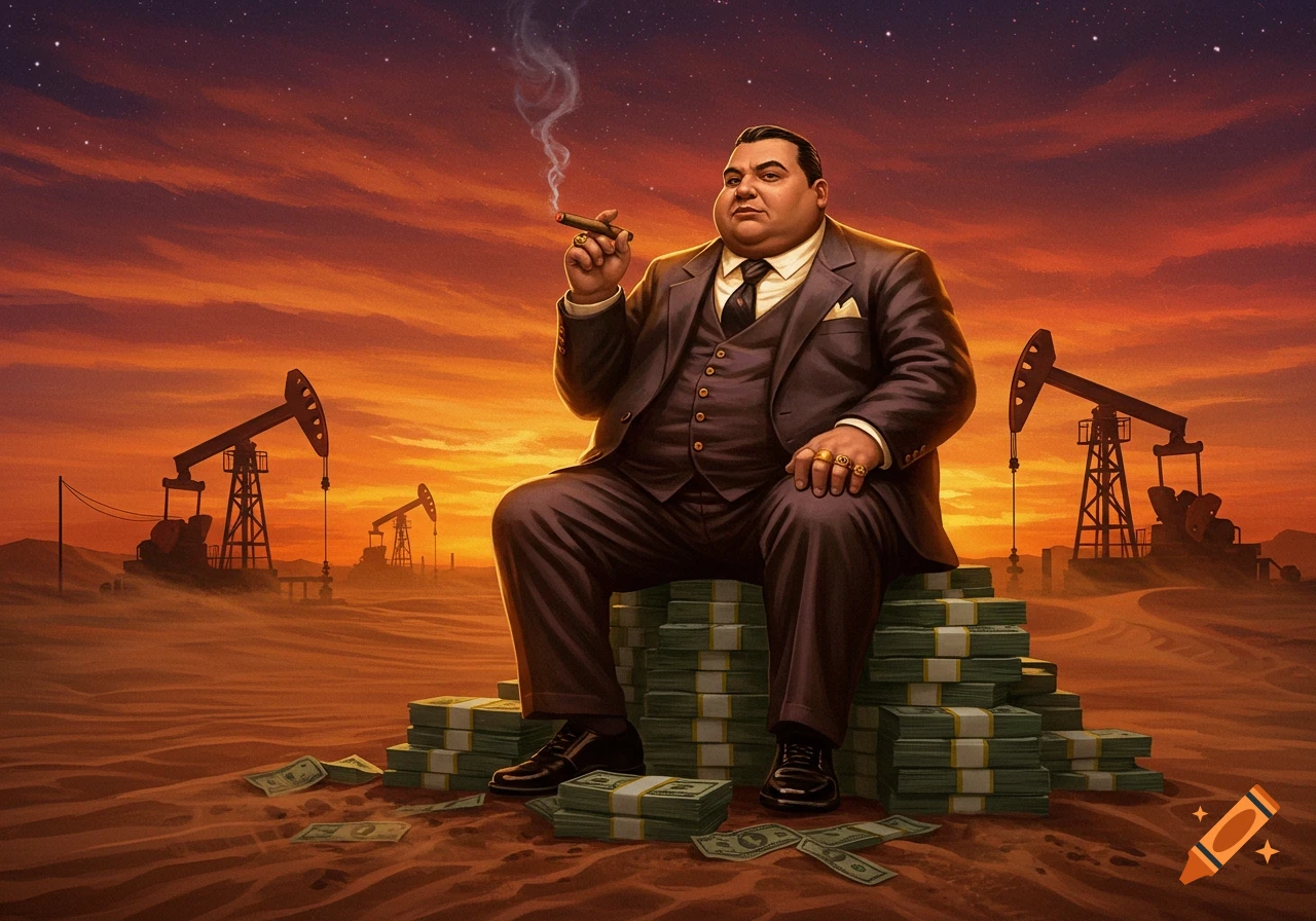 An obese man in a suit sits on a pile of money, smoking a cigar in a desert with oil derricks at sunset.