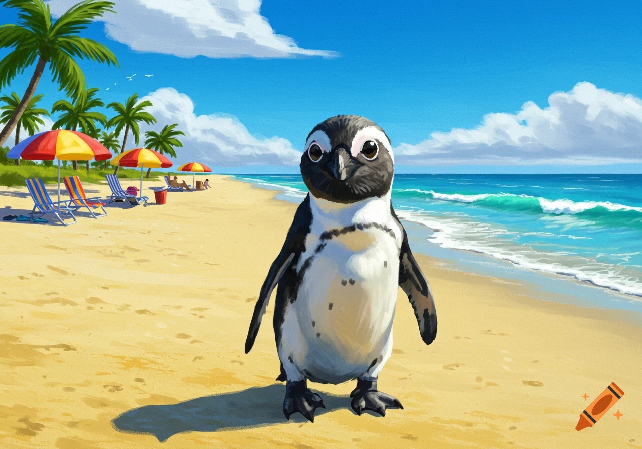An illustration of a cute penguin standing on a sunny sandy beach with ocean waves, palm trees, and colorful umbrellas in the background.