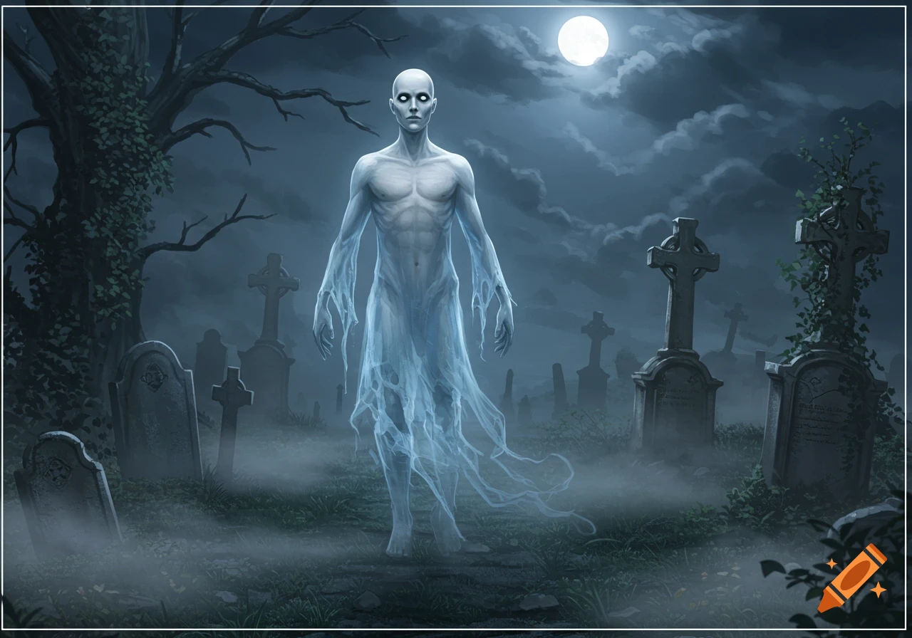 A pale, bald male ghost with glowing white eyes and an ethereal, flowing lower body stands in a misty graveyard under a full moon.