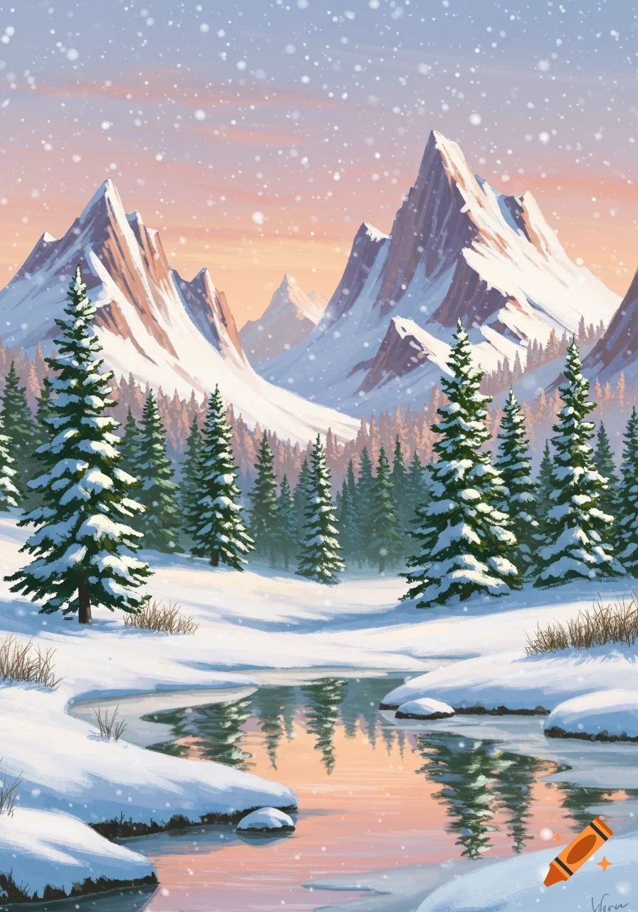 A vibrant illustration of a snowy mountain landscape with green pine trees and a stream reflecting the pink and orange sky at sunset.