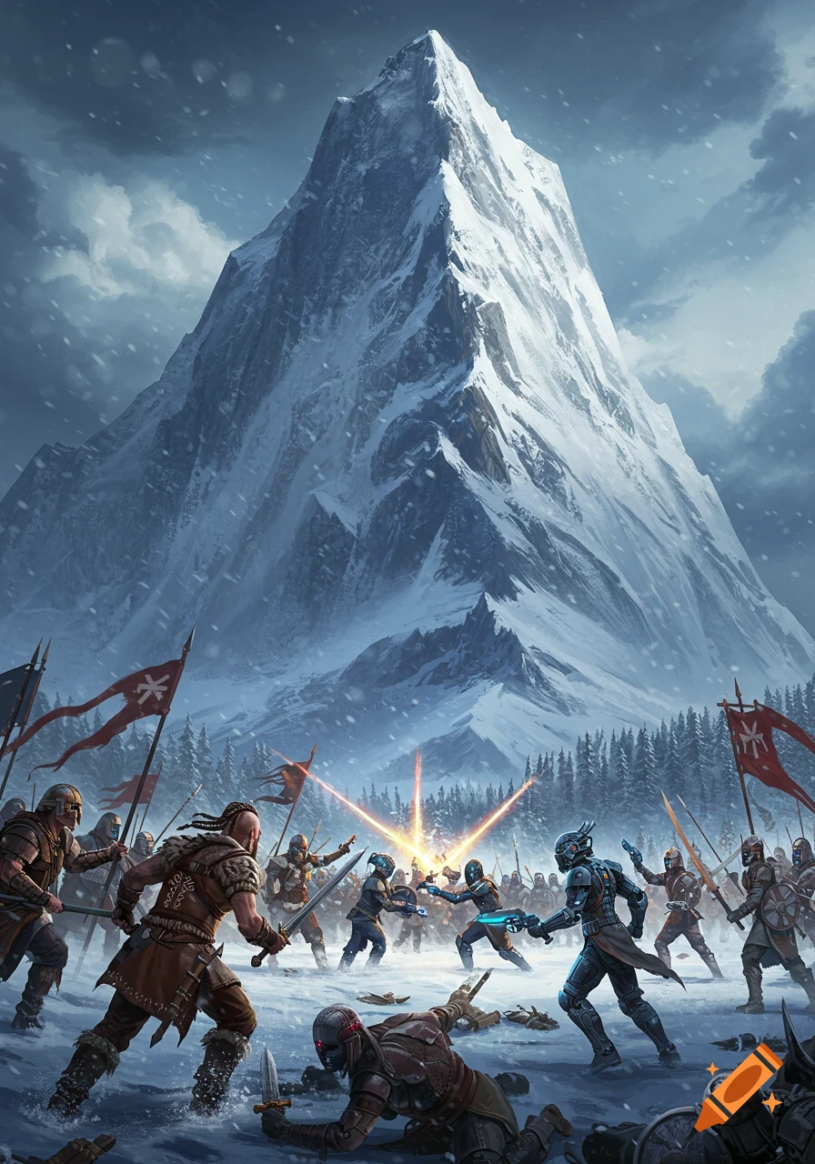 A large-scale battle rages at the base of a towering, snow-covered mountain, with traditional warriors clashing against futuristic soldiers.