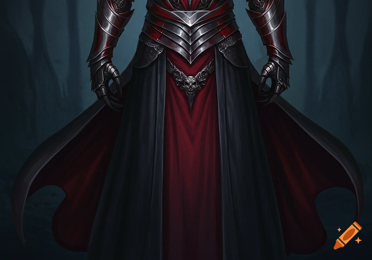 Close-up of a figure in elaborate black and red gothic armor with a flowing dark cloak.