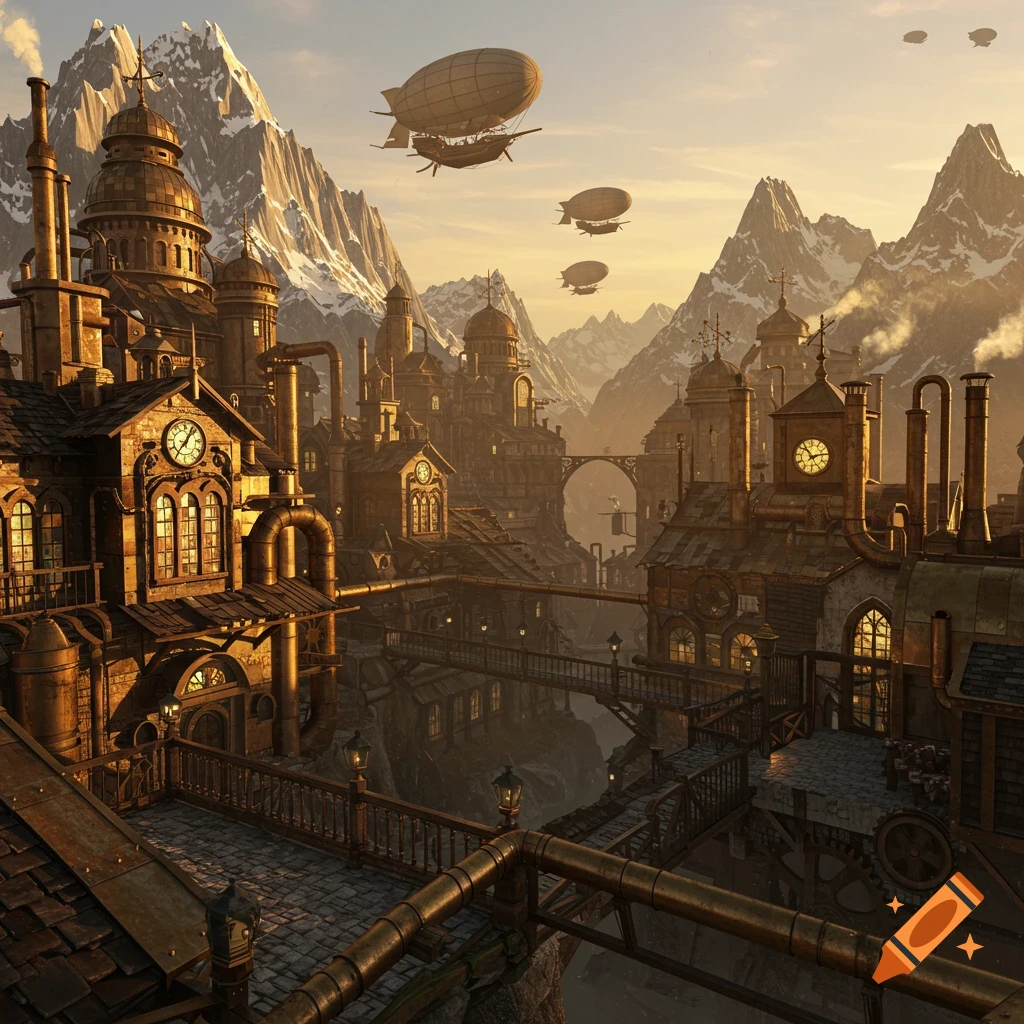 A detailed steampunk city built into snow-capped mountains at sunset, with airships flying in the golden sky.
