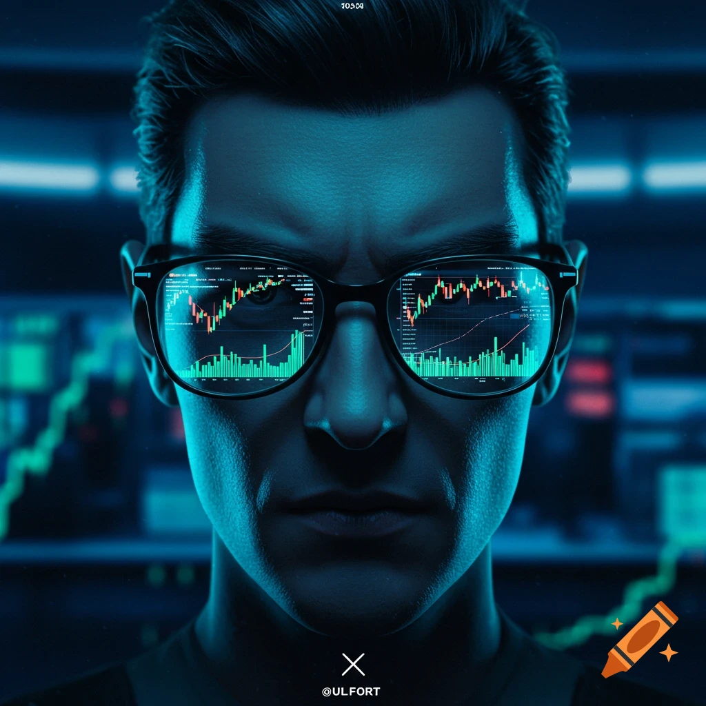 Close-up of a man in glasses, with stock market charts reflected in his lenses and displayed in the background, in a dark, blue-lit setting.