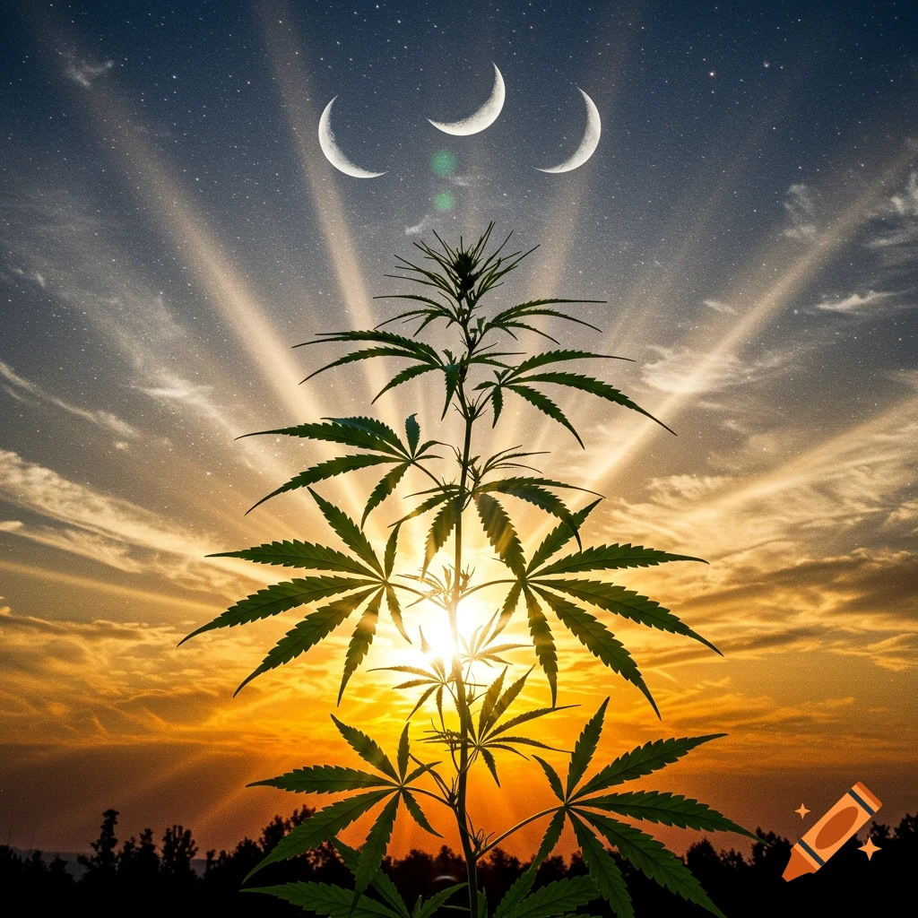 A vibrant cannabis plant silhouetted against a dramatic sunset sky with three crescent moons and sun rays.