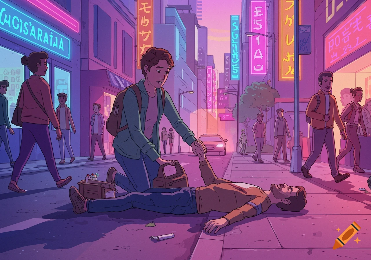 A cartoon illustration of a man helping another man who has fallen on a neon-lit city street at dusk.