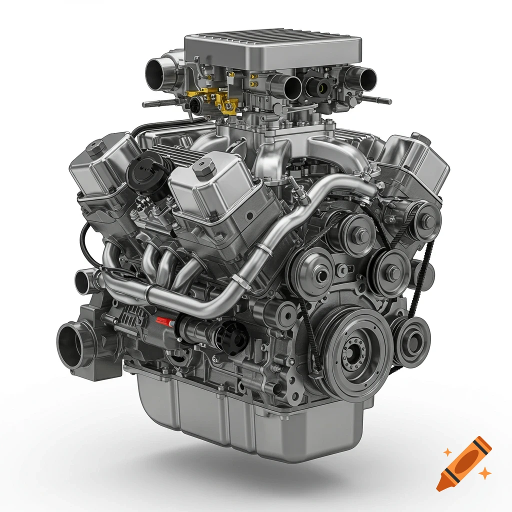 A detailed, photorealistic 3D rendering of a silver car engine on a white background.