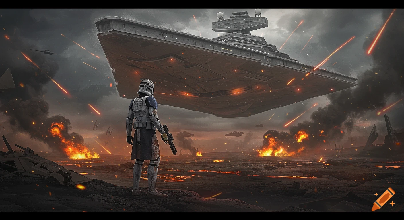 A Star Wars clone trooper surveys a fiery, war-torn battlefield with a Venator-class Star Destroyer looming above.