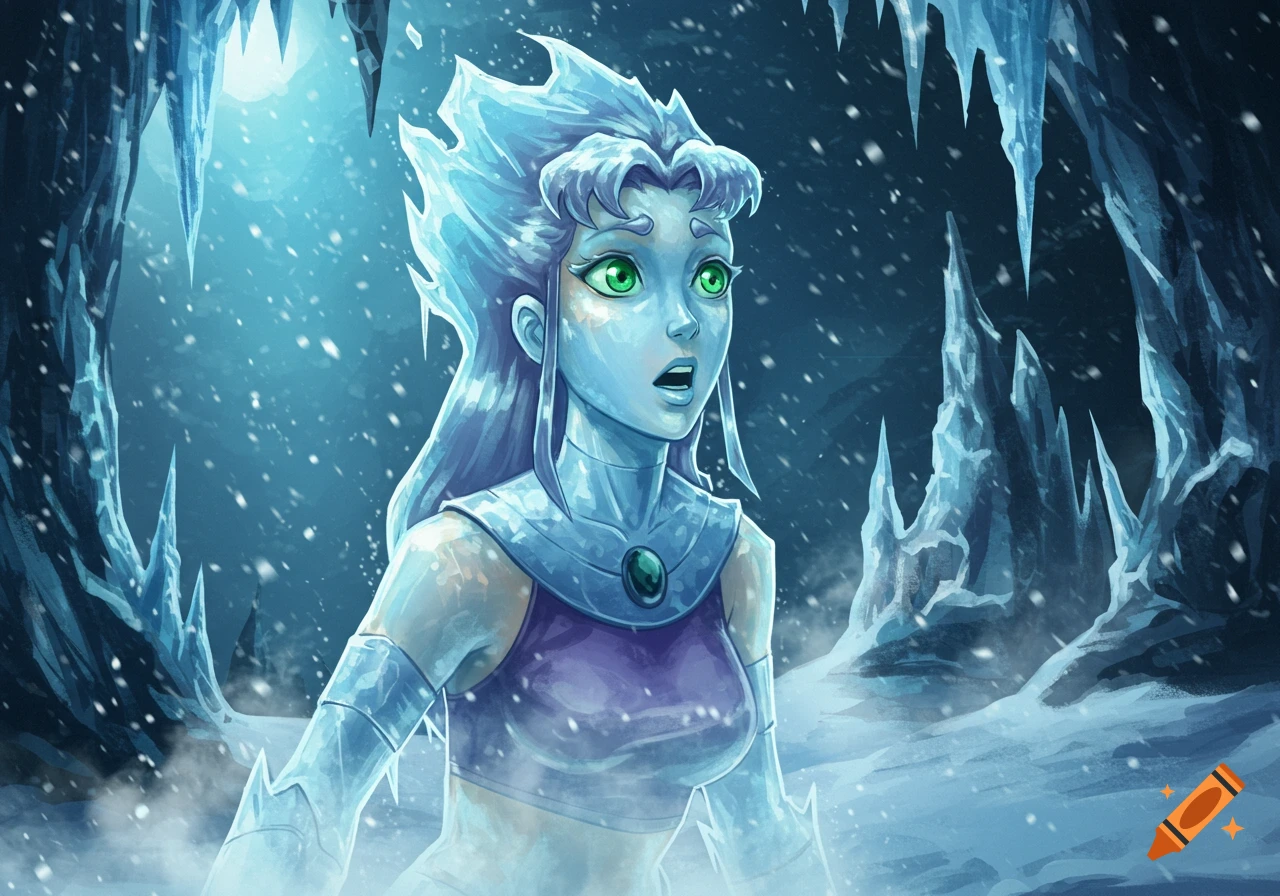 Cartoon style illustration of Starfire from DC Comics as a surprised ice statue in a snowy ice cave with icicles.