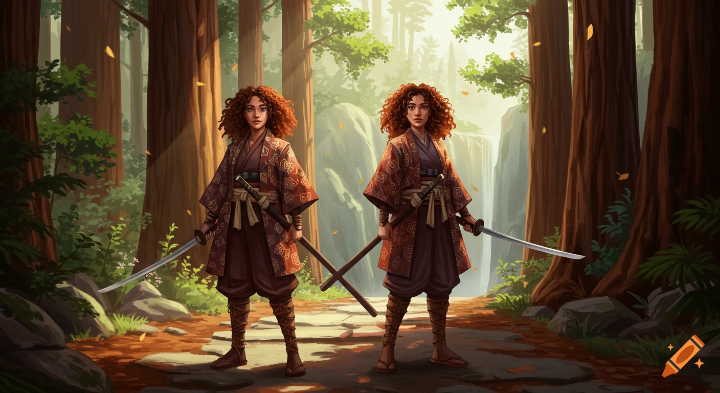 Two curly-haired women in traditional Japanese attire with katanas stand on a forest path with a waterfall in the background, illustrated in a vibrant style.