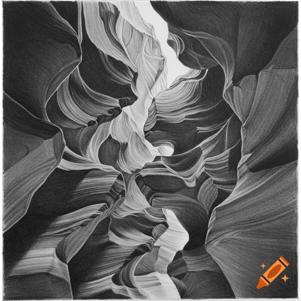 Black and white pencil sketch looking up through the winding, smooth sandstone walls of Antelope Canyon.