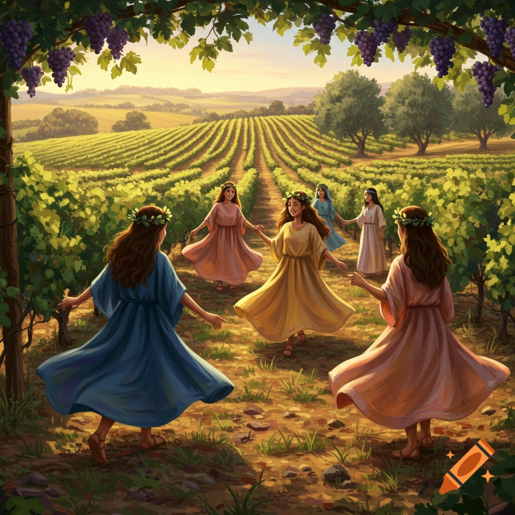Several women in long, flowing dresses dance in a circle in a sunlit vineyard, framed by an arch of grapevines.
