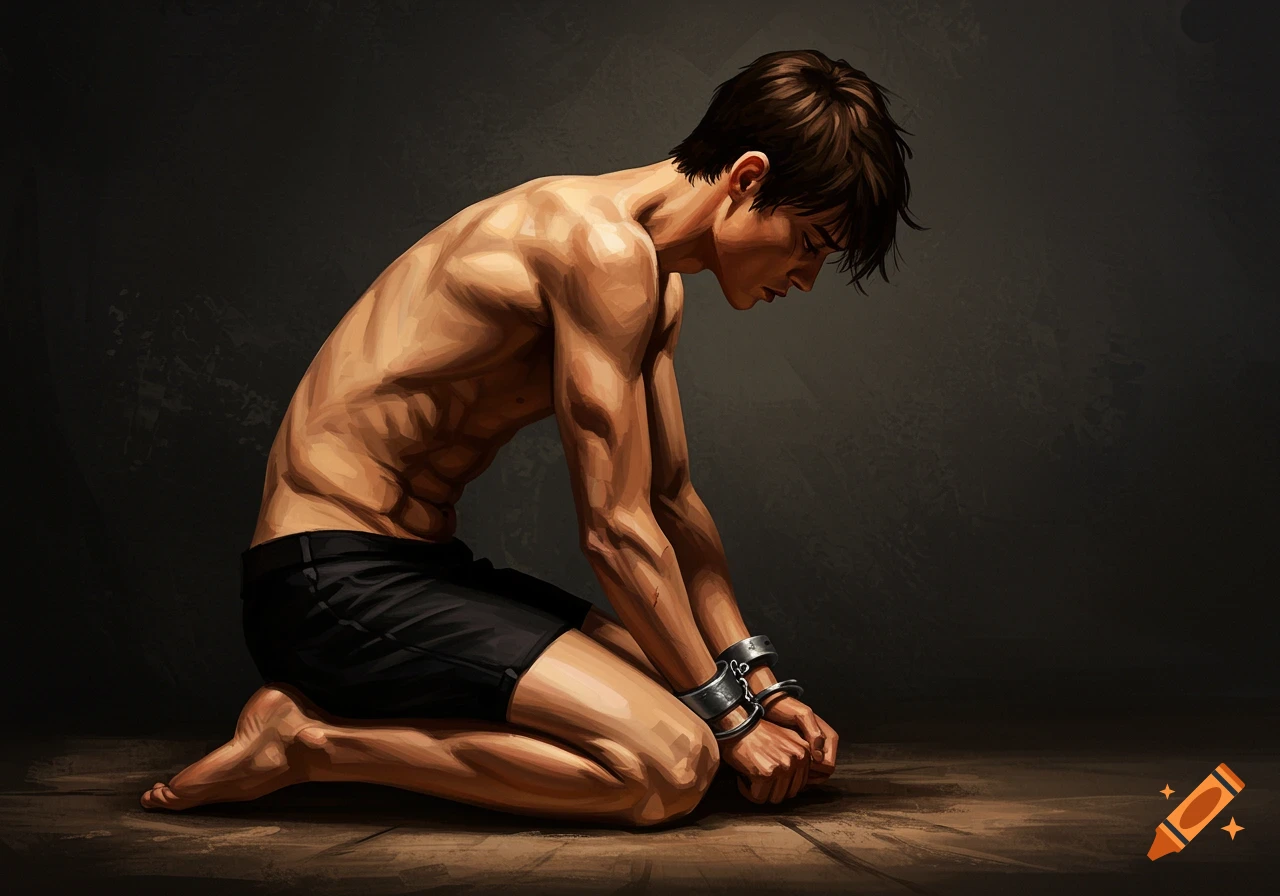 A young man with dark hair, shirtless and wearing black shorts, kneels with his hands in shackles on a wooden floor in a dimly lit room.