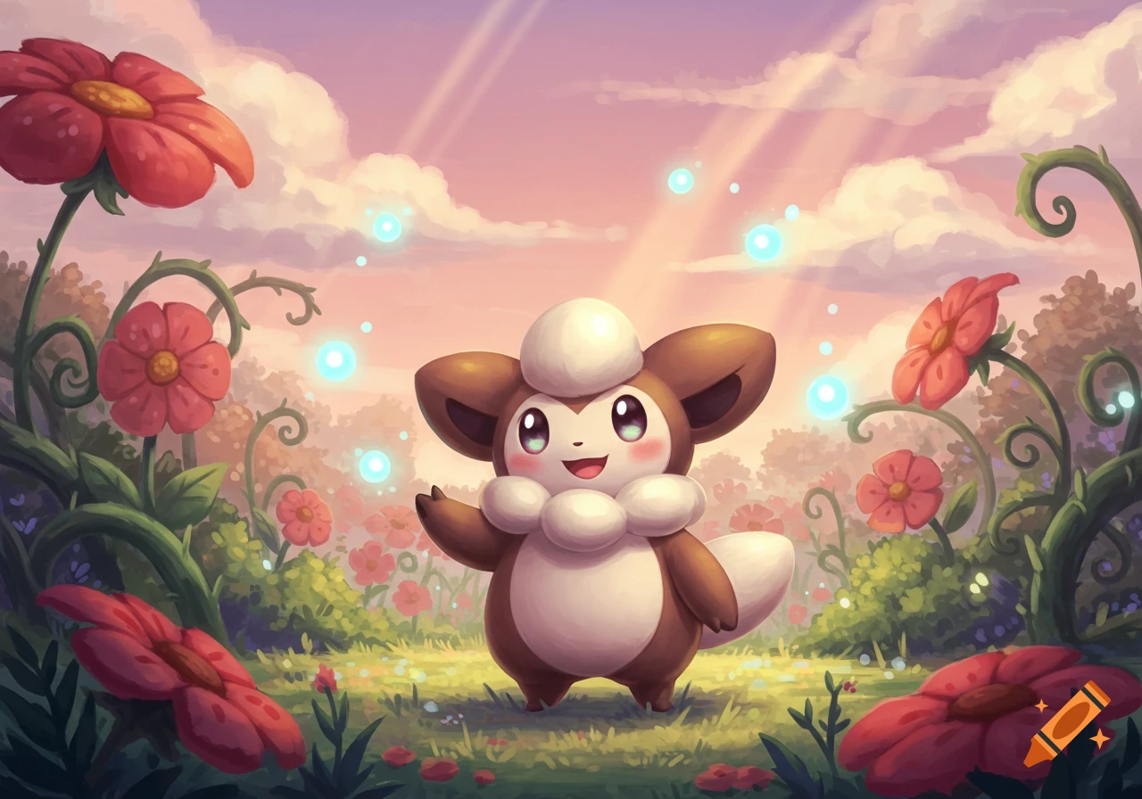A cute, brown and white Pokemon-like creature stands in a vibrant fantasy garden with large red flowers and glowing blue orbs under a soft sunset sky.