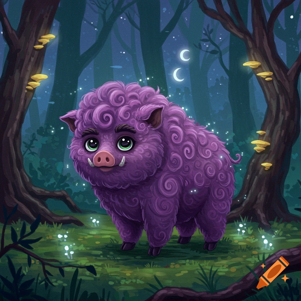 A whimsical illustration of a cute purple pig-like creature with curly fur and tusks in a magical dark forest.