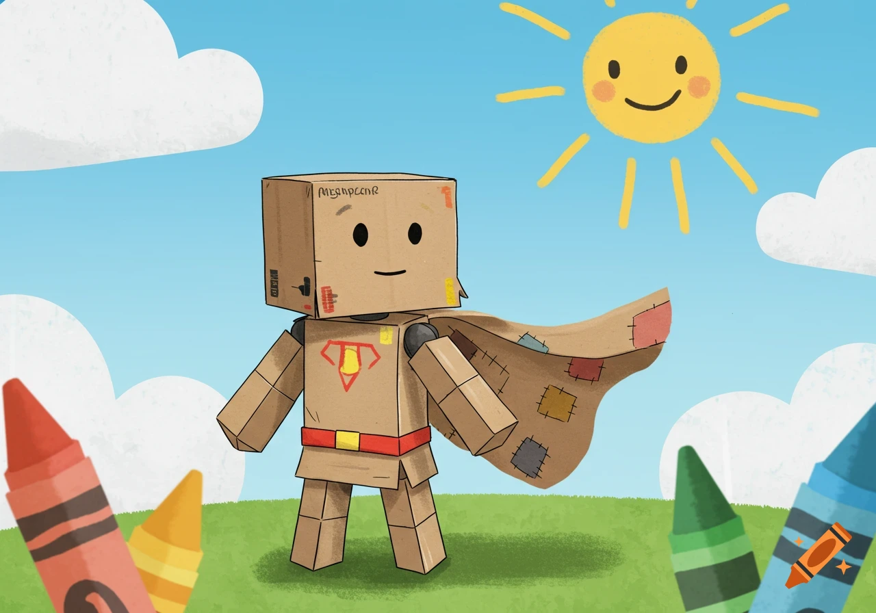 A cute cartoon cardboard superhero with a red belt and patched cape stands in a sunny grassy field with large crayons.