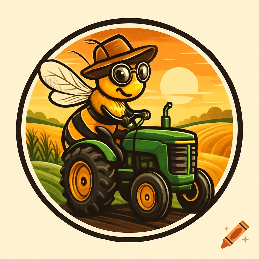 A happy cartoon bee in a hat and glasses drives a green tractor through golden farm fields in a circular logo illustration.