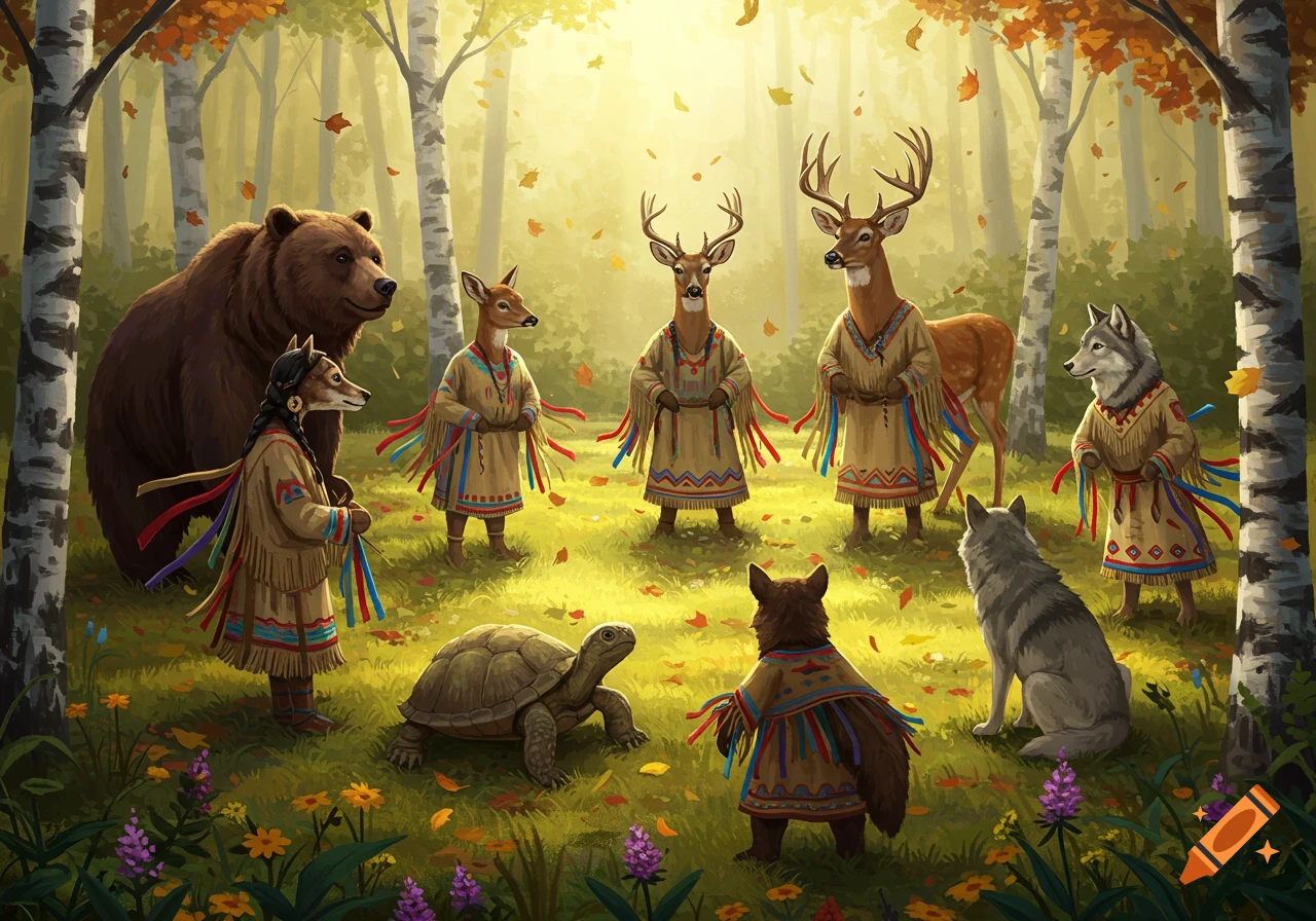 Anthropomorphic animals in traditional clothing gathered in an autumn forest with falling leaves and trees.