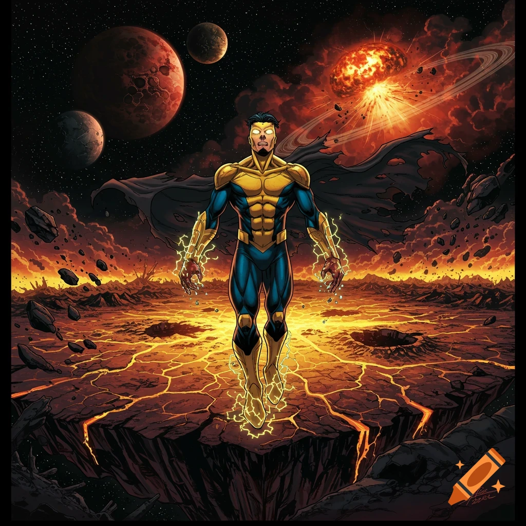 A superhero in a blue and gold suit with a black cape hovers above a fiery, cracked alien planet under an exploding planet and multiple moons, in a comic book style.