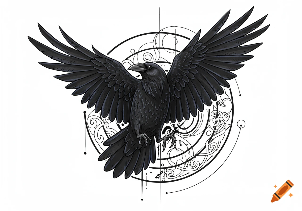 Stylized black raven with spread wings, in a tattoo design with abstract geometric lines.