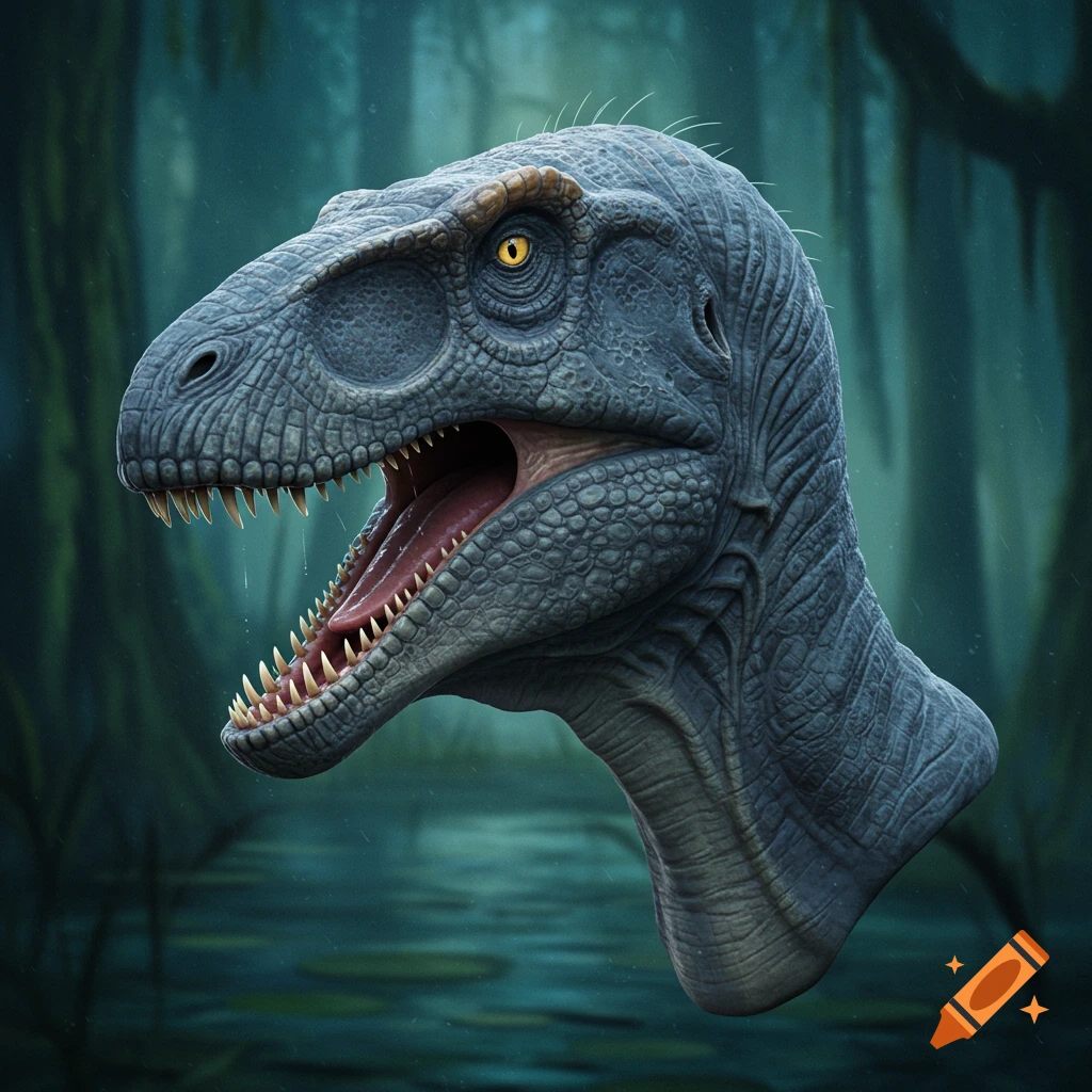 A profile shot of a stylized blue-gray Baryonyx head with an open mouth and gold eyes, in a misty jungle.