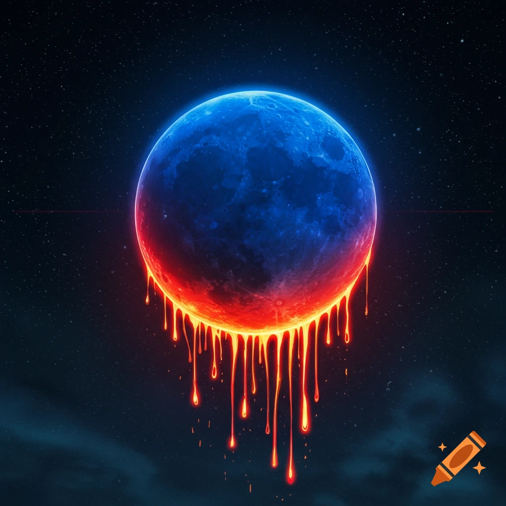 A blue celestial body resembling a half moon drips glowing red and orange molten liquid into a dark, star-filled space.