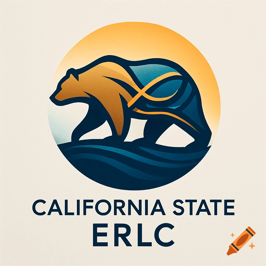 Stylized logo of a brown bear within a circle of blue waves and an orange sun. Below, 'CALIFORNIA STATE ERLC'.