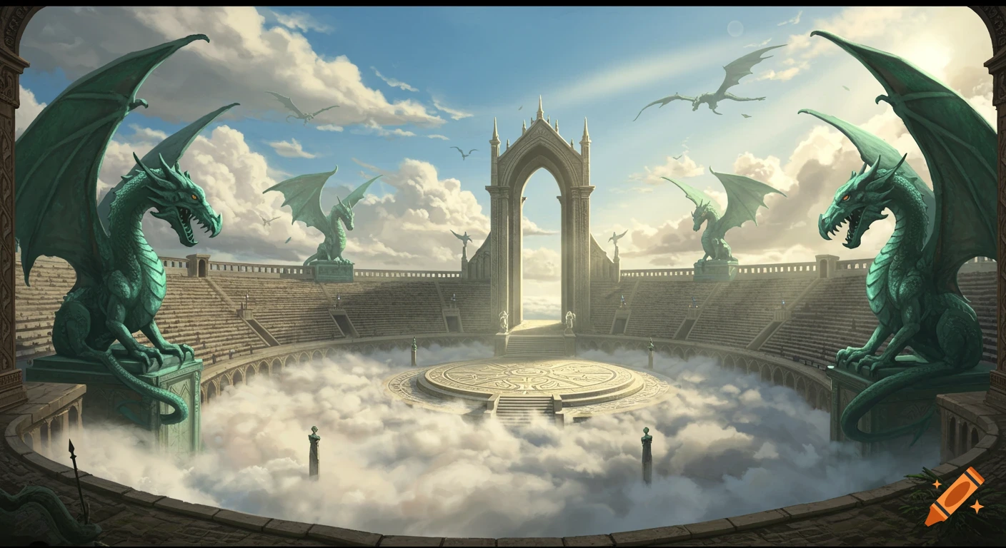 A massive fantasy arena above the clouds, with large green dragon statues surrounding the central circular stage.