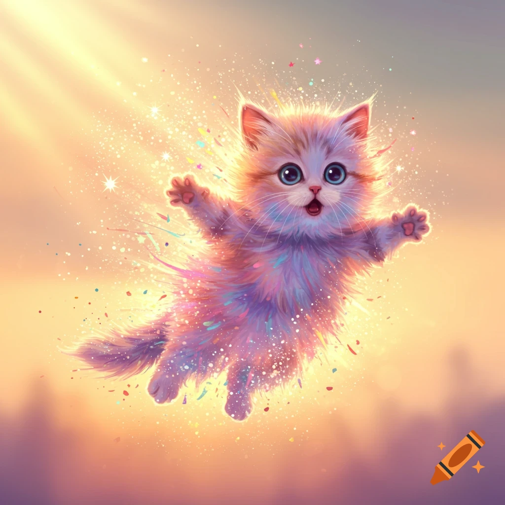 A colorful, fluffy kitten appears to explode with glitter and light against a soft, glowing background.