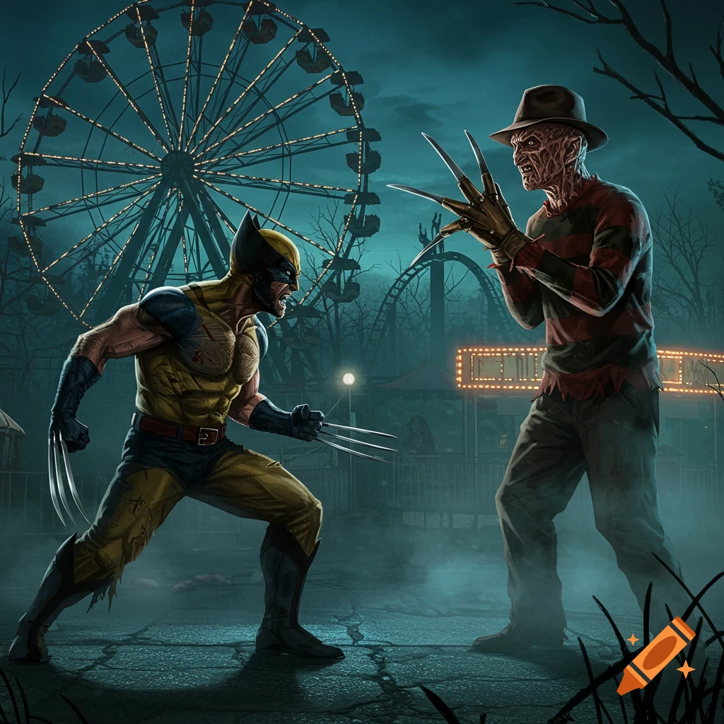 Wolverine and Freddy Krueger face off in a dramatic, stylized illustration set in a foggy, abandoned amusement park at night.