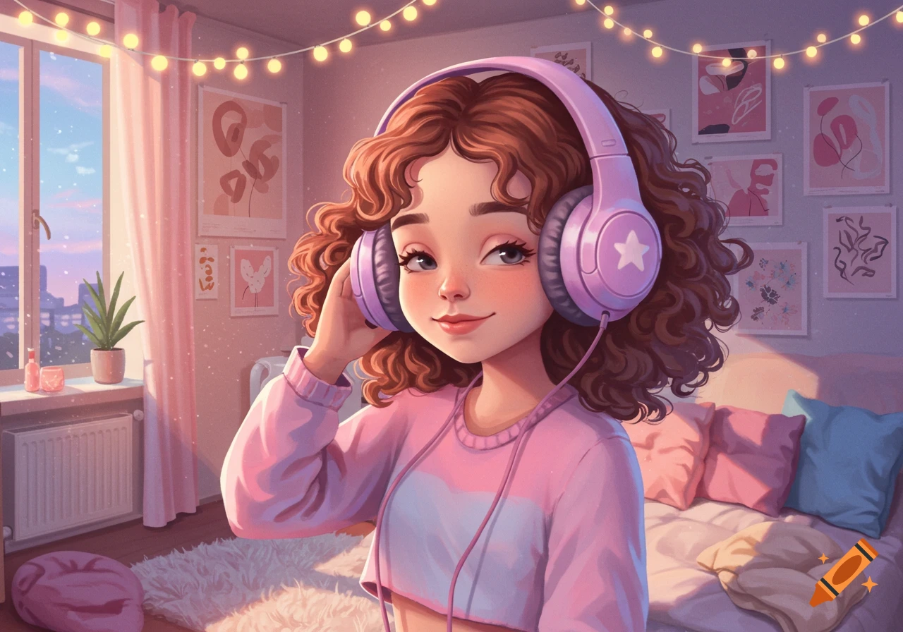 Cute cartoon girl with curly brown hair wearing purple headphones, smiling in a pink bedroom decorated with string lights.