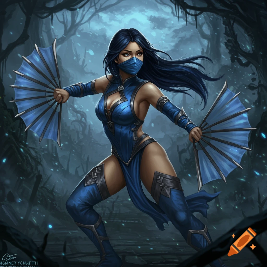 Kitana from Mortal Kombat in a blue outfit and mask, holding two fans, in a dark, misty forest in a digital art style.