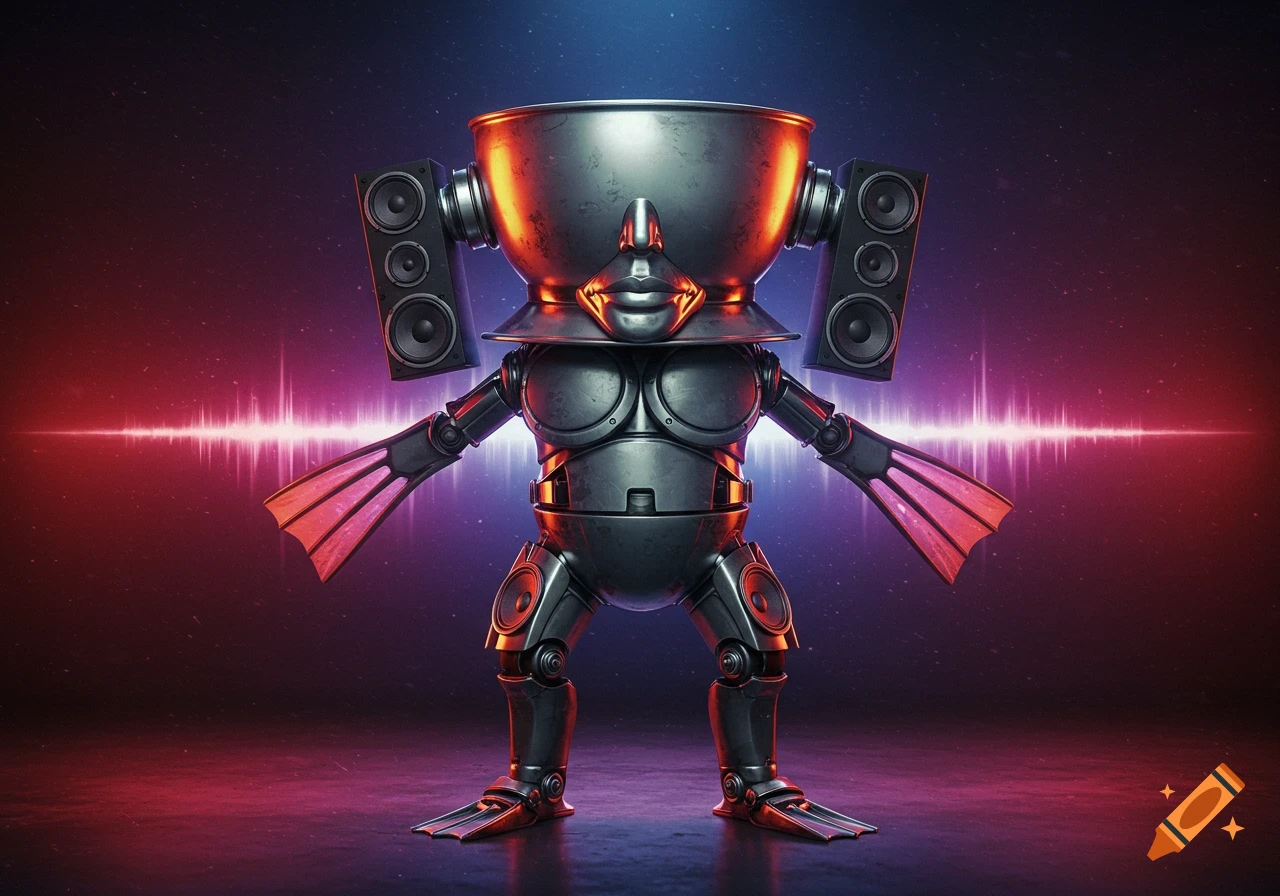 Metallic robot creature with bowl head, face, speaker ears, speaker legs, and fin hands, glowing with red and blue light on a dark stage.