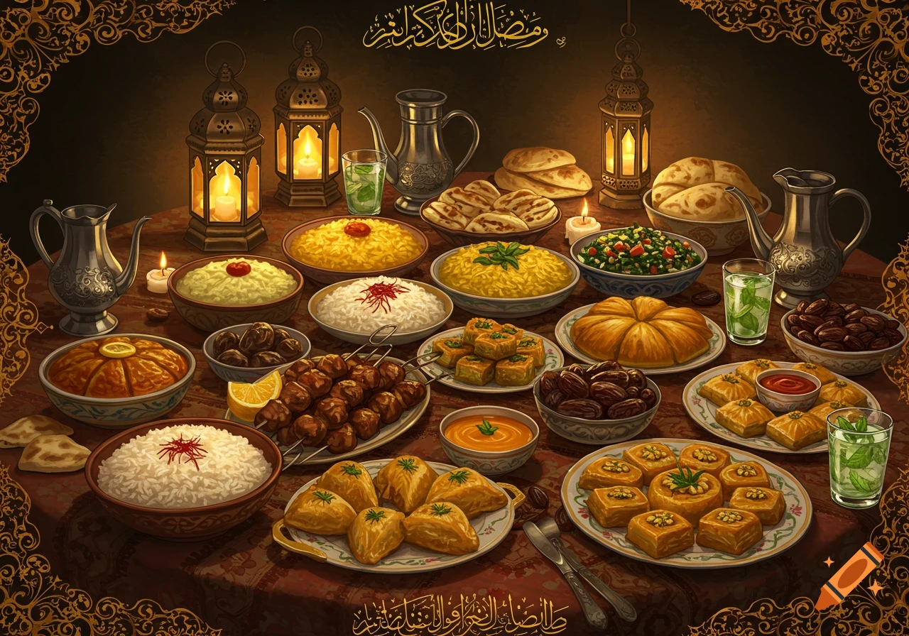 A lavish Ramadan food spread on a table with many dishes, desserts, dates, drinks, and illuminated lanterns and candles.