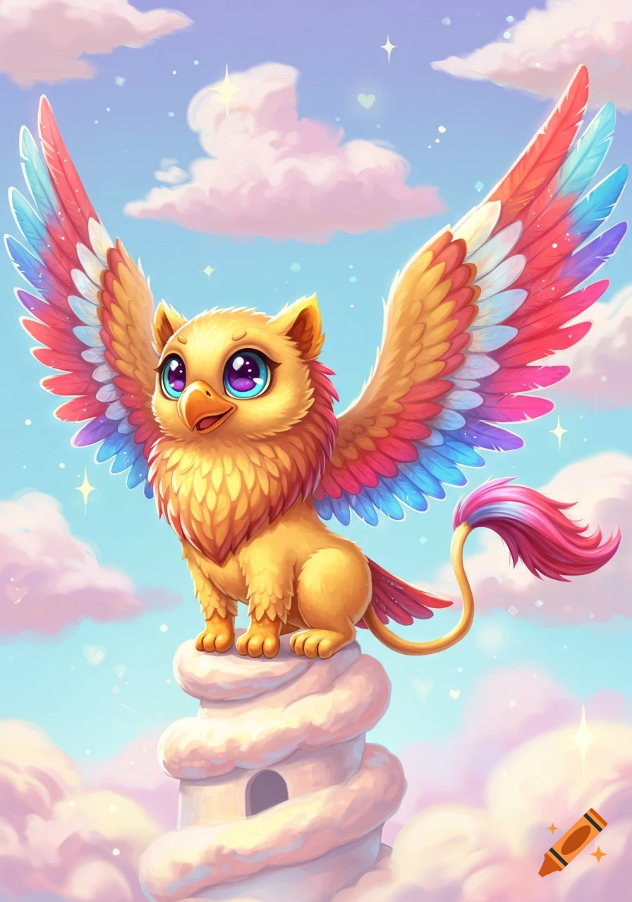 A cute cartoon griffin with golden fur and rainbow wings stands on a cloud-like tower in a pastel sky.