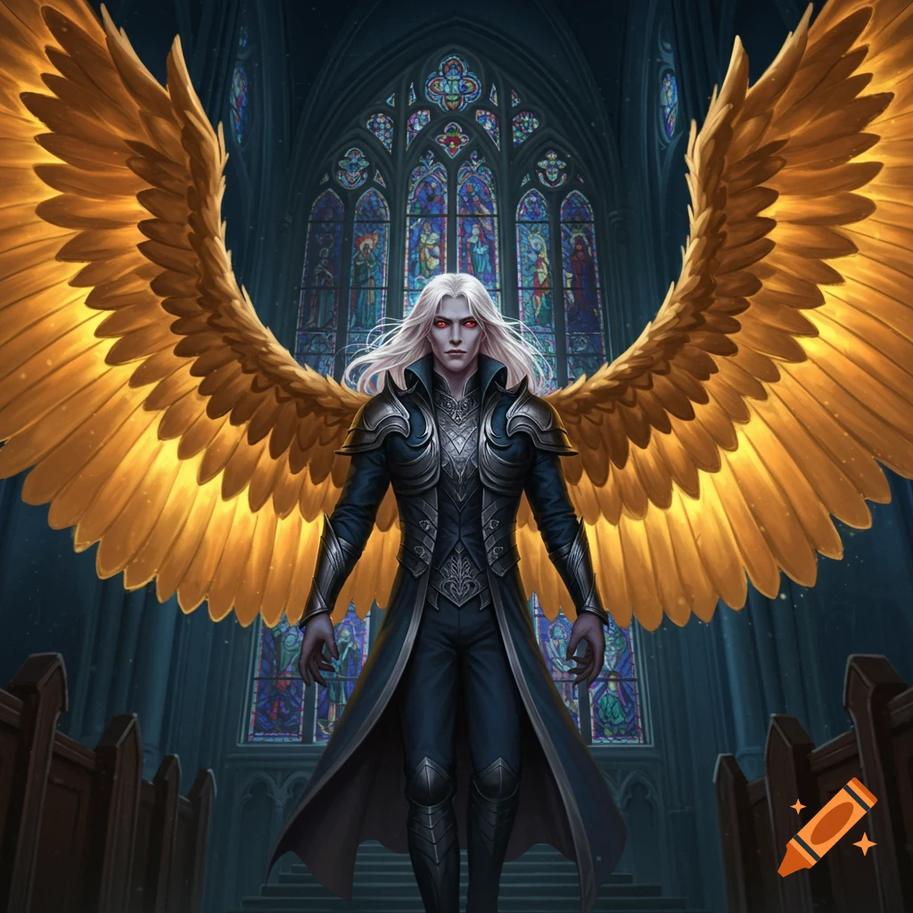 A male figure with long white hair, red eyes, and large golden wings stands in a dark gothic church with stained glass windows, wearing elaborate dark armor.