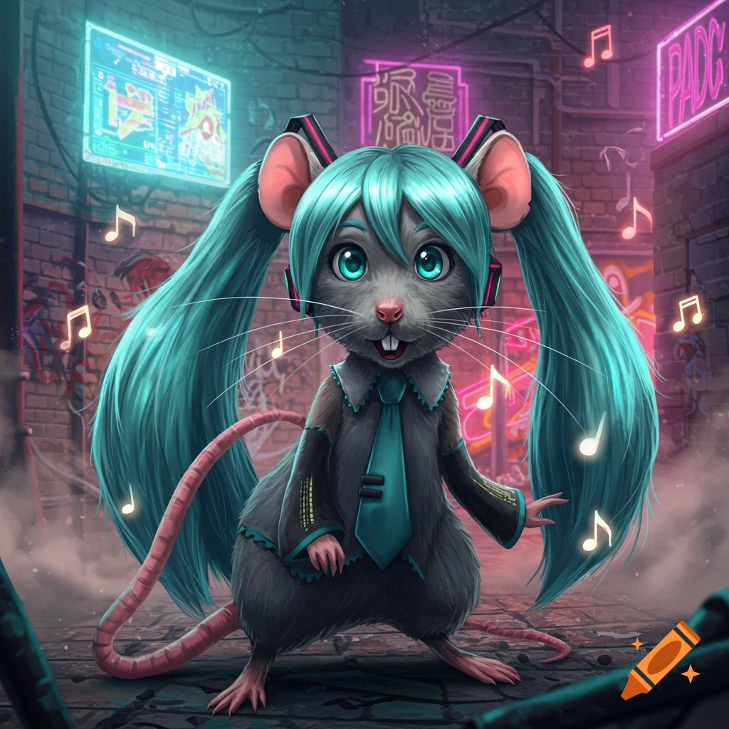 A cartoonish rat dressed as Hatsune Miku, with long teal pigtails, stands in a neon-lit cyberpunk alley with musical notes floating around.