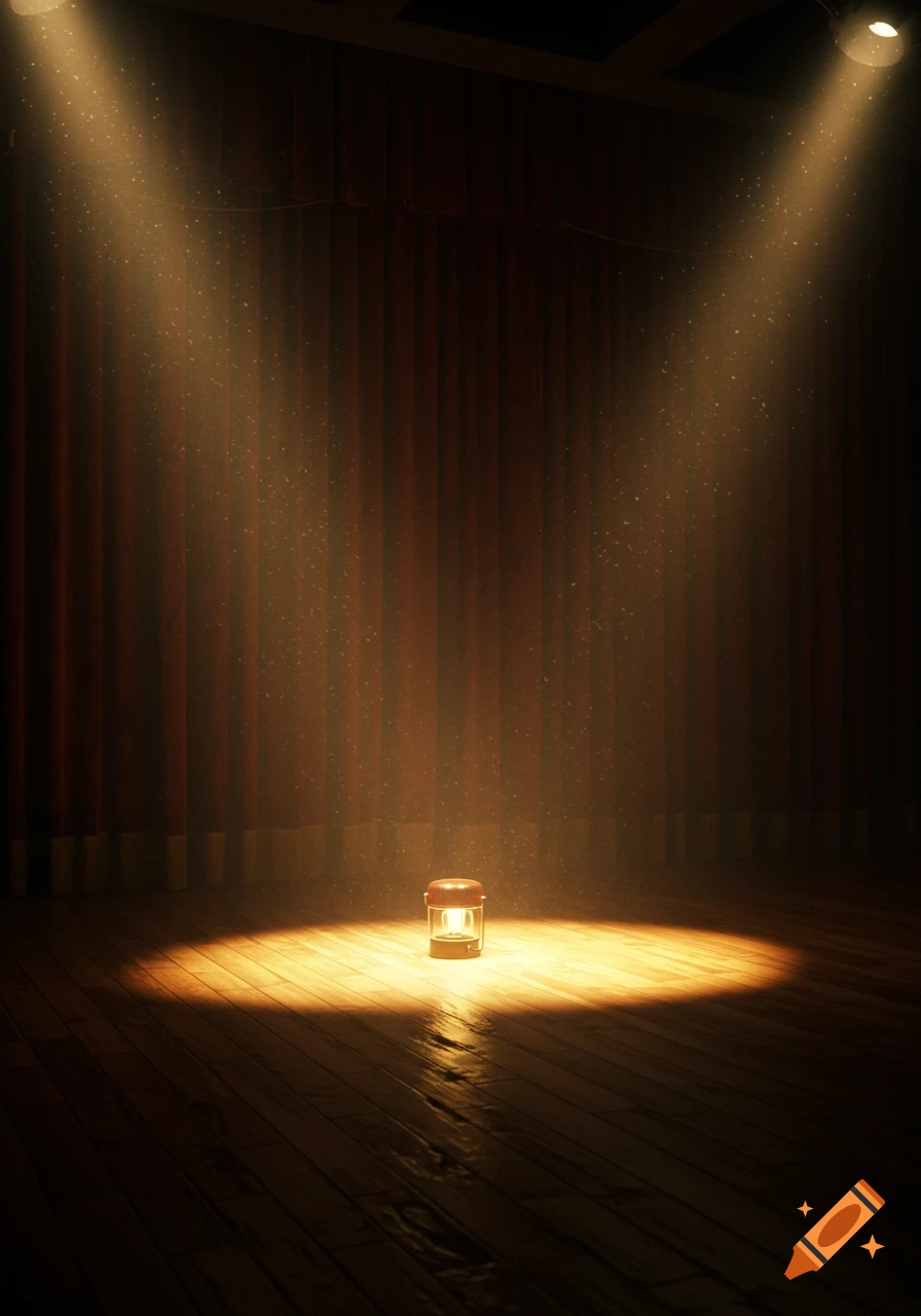 A small, glowing lantern sits on a wooden stage floor, illuminated by two bright spotlights, with red curtains behind it.