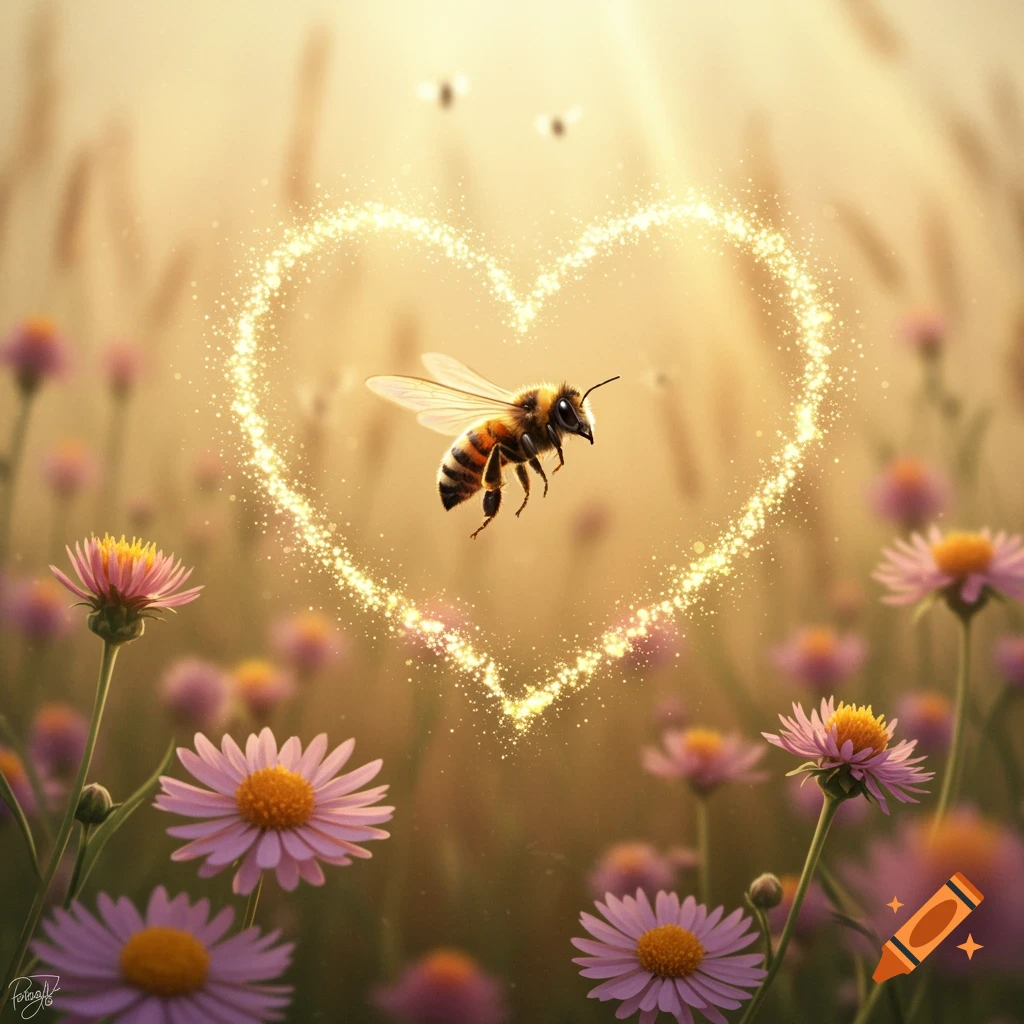 A photorealistic bee flying in a field of pink and purple flowers with a glowing heart of light behind it.