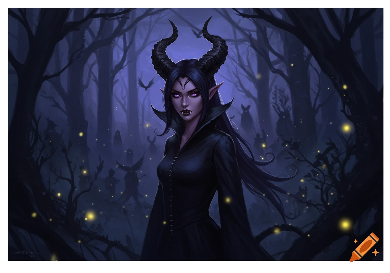 A dark fantasy illustration of a horned woman with glowing purple eyes and fangs in a spooky, glowing forest.