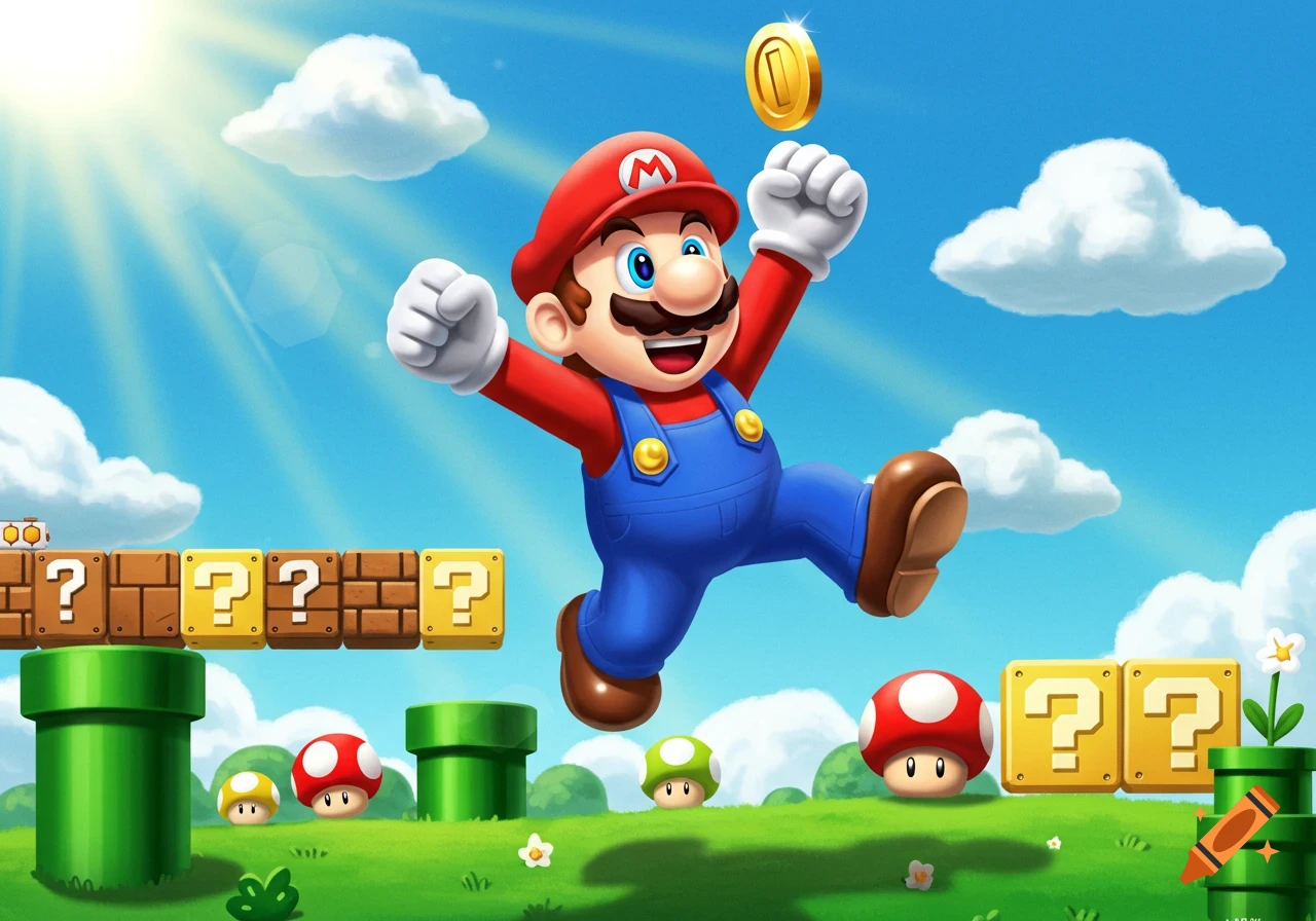 Cartoon Mario jumping to hit a coin above question mark blocks in a vibrant blue sky and green landscape.