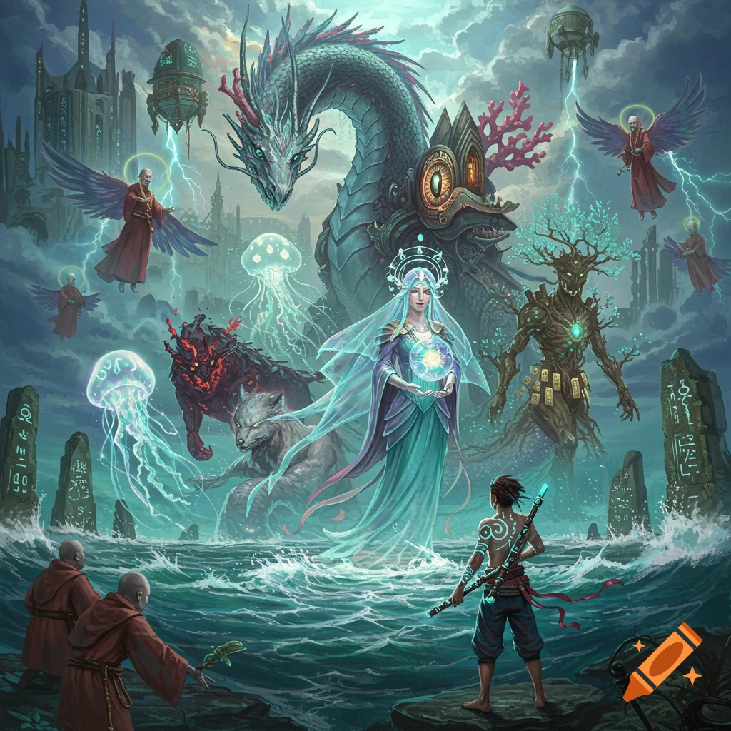 A high-fantasy scene with a central priestess holding a glowing orb, surrounded by a large dragon, a tree golem, wolf, jellyfish, and monks, all set on a stormy sea with floating structures.