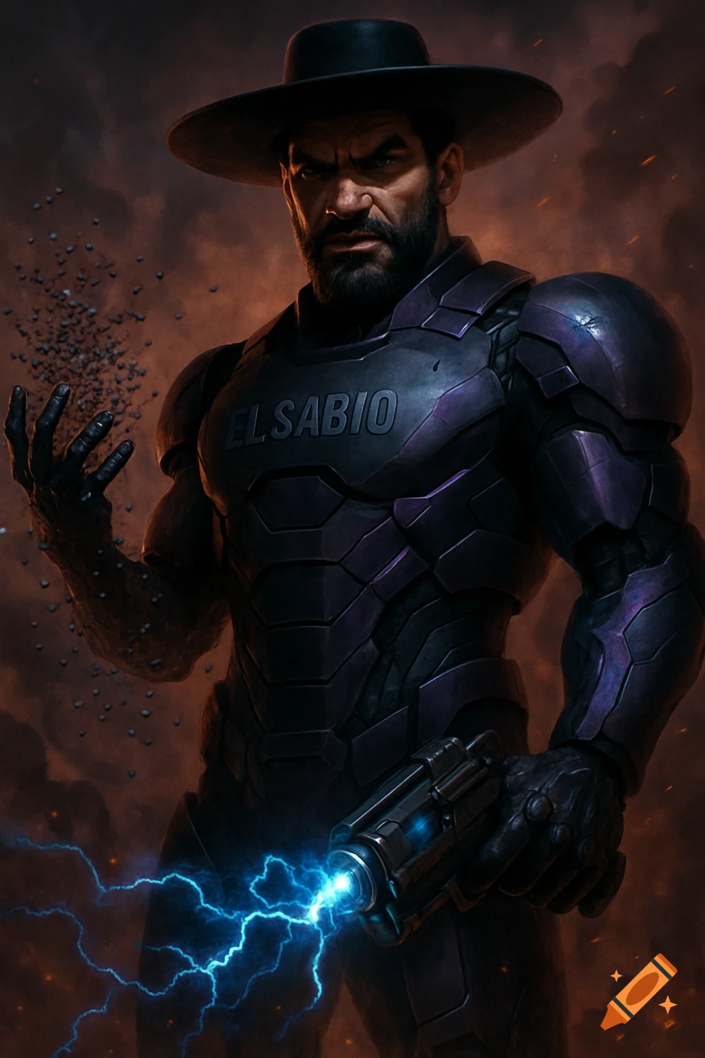 A strong, bearded man in black and purple armor and a hat, with a glowing gun and swirling particles around his hand.