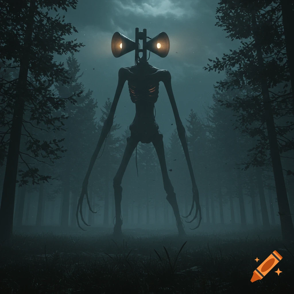 A tall, skeletal creature with two siren heads stands in a dark, misty forest at night.
