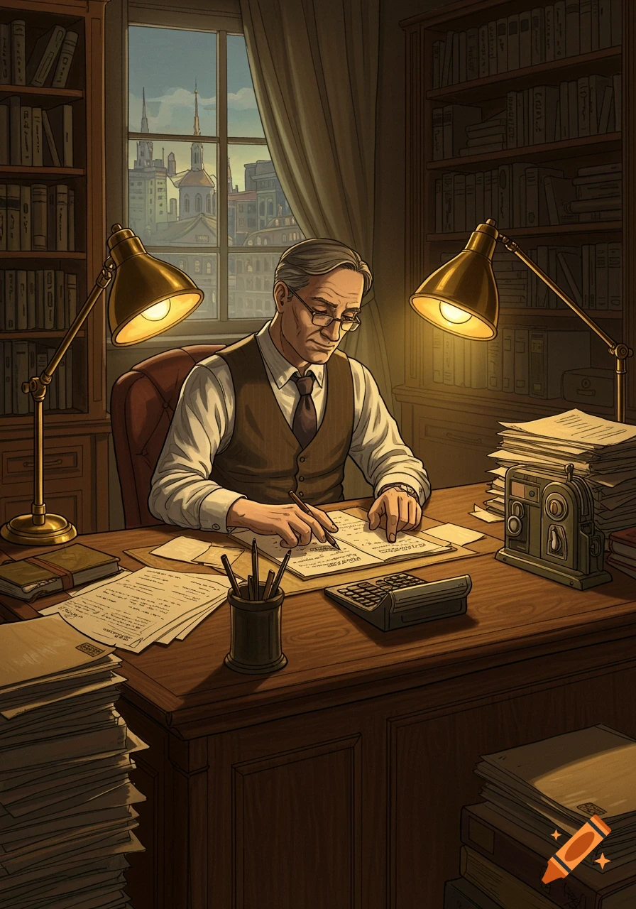 An older man in glasses and a vest writes at a desk cluttered with papers and books, illuminated by two desk lamps, with a city view outside a window.