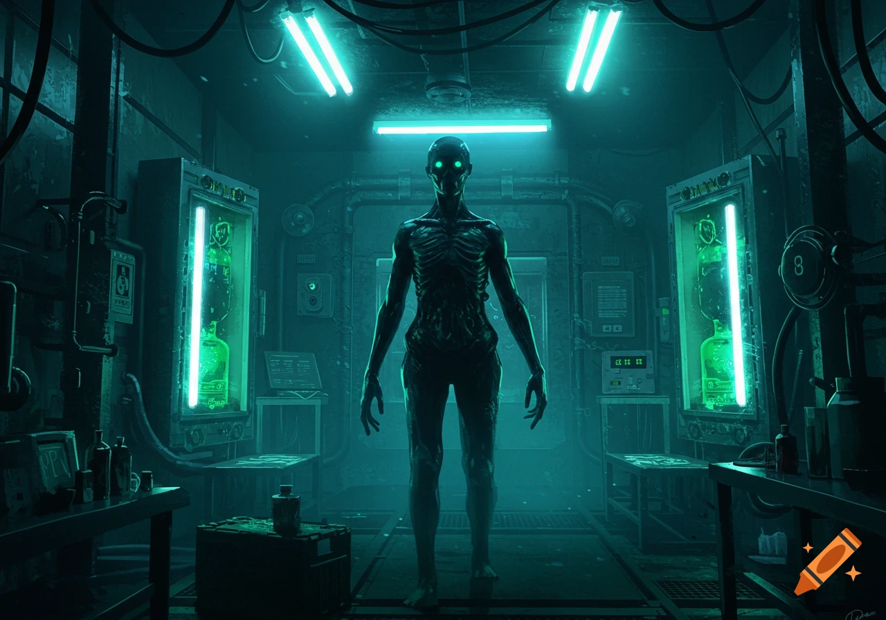 A gaunt, skeletal figure with glowing green eyes stands in a dark, neon-lit sci-fi laboratory filled with glowing equipment.