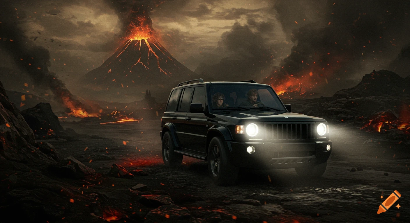 A black SUV with two people drives through a fiery, volcanic landscape under a dark sky, with an erupting volcano in the background.