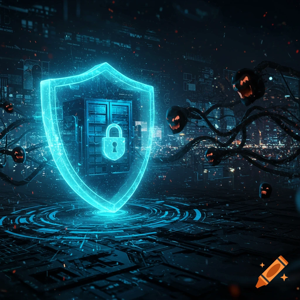 A neon blue shield protects a server rack against shadowy, tentacled creatures with glowing faces in a dark, futuristic digital landscape.