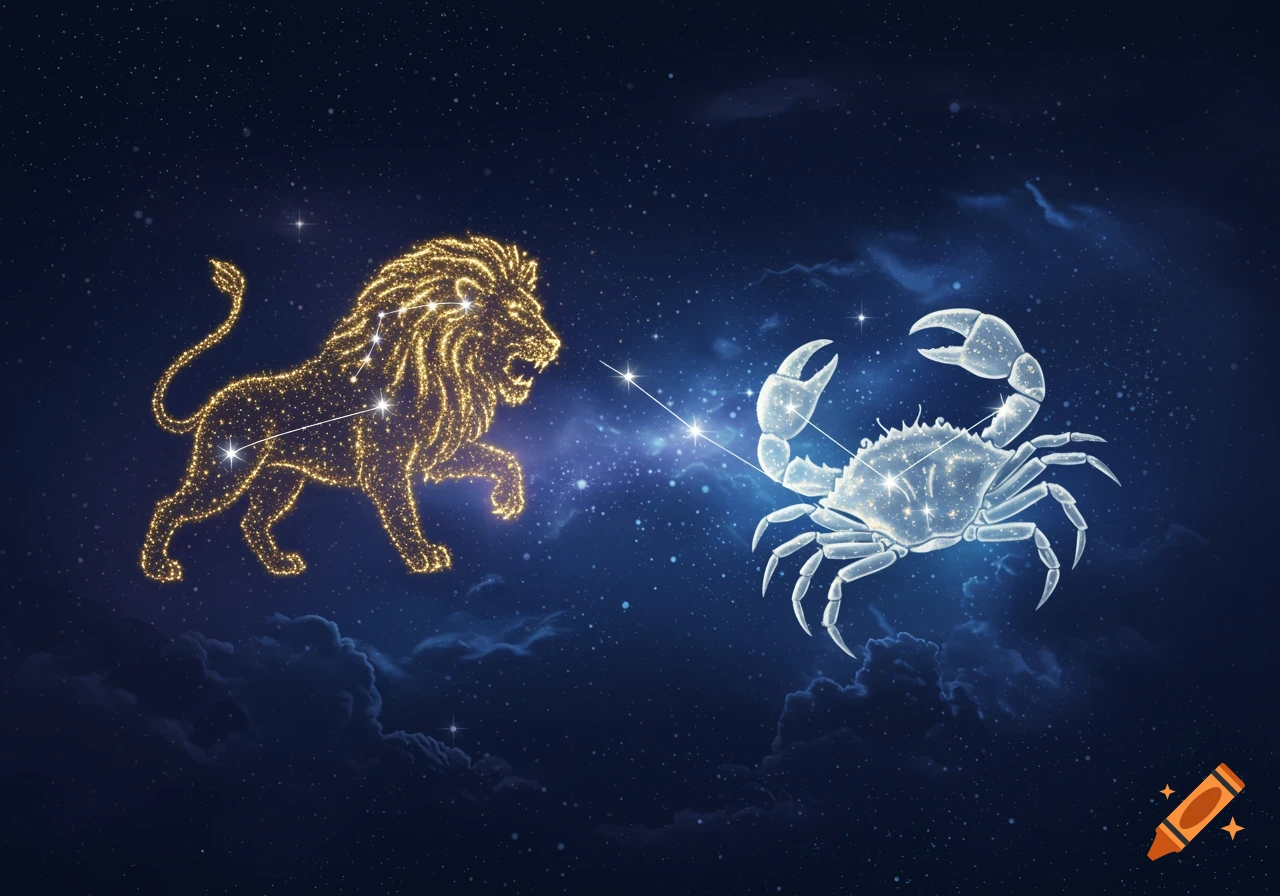 Leo and Cancer zodiac constellations depicted as shimmering, starry figures against a dark blue cosmic background.