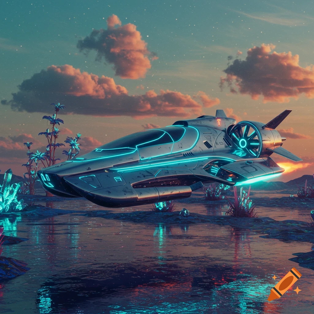A futuristic hovercraft with blue neon lights hovers over a reflective body of water in an alien landscape at sunset.